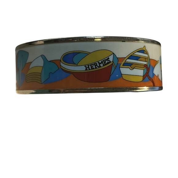 Hermès Thalassa Enamel Bangle Bracelet Silver Tone Wide White Blue Boat Design - Picture 7 of 12